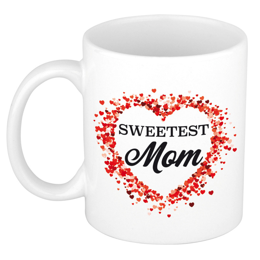 Sweetest mom kado mok / beker met hartjes voor Moederdag / verjaardag -