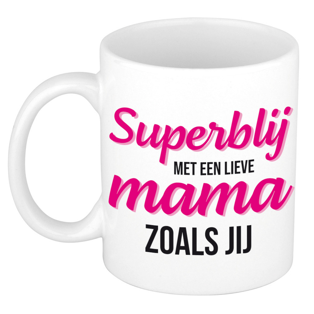 Super blij met een lieve mama zoals jij cadeau mok / beker wit 300 ml - Cadeau mokken / Moederdag -