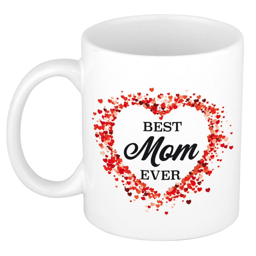 Best mom ever kado mok / beker met hartjes voor Moederdag / verjaardag -