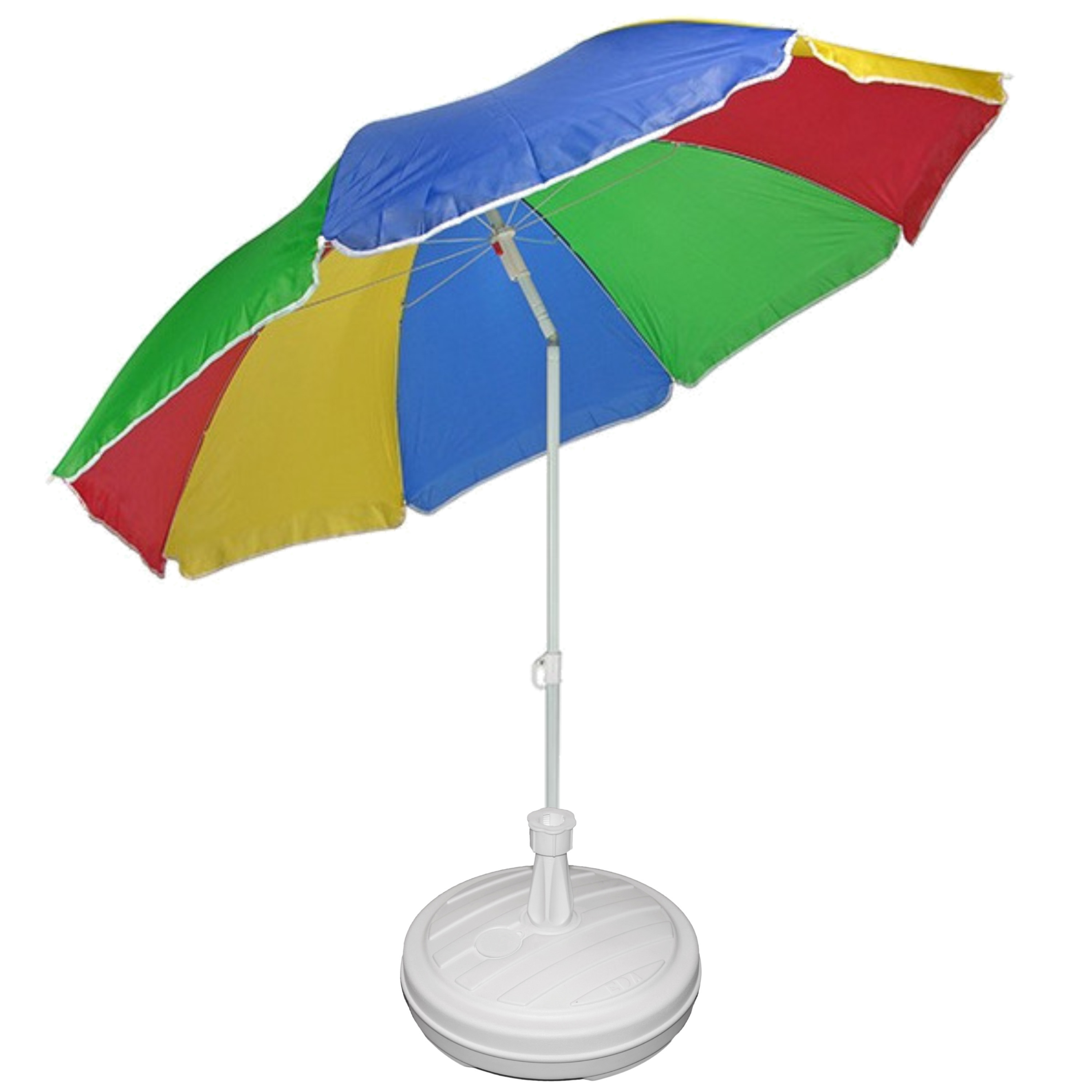 Regenboog gekleurde tuin/strand parasol 180 cm met wit voet van 42 cm -
