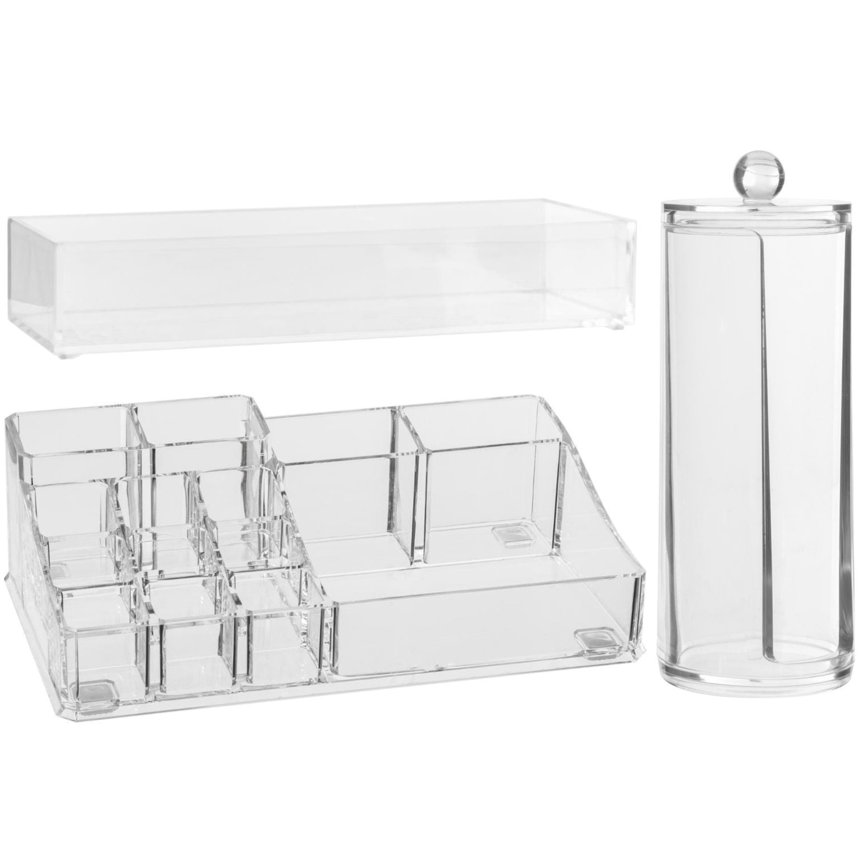 Make-up organizer set vakjes 22,5 x 7 en 25.5 x 5 cm en een wattenschijfjes dispenser -