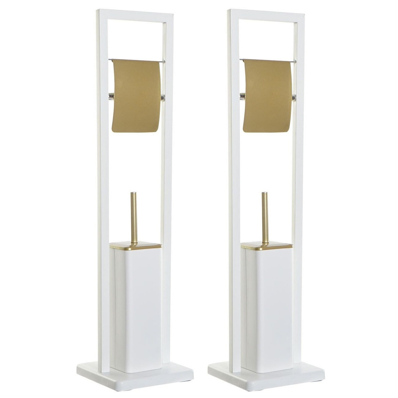 2x stuks toiletborstels met toiletrolhouder wit/goud metaal 80 cm -