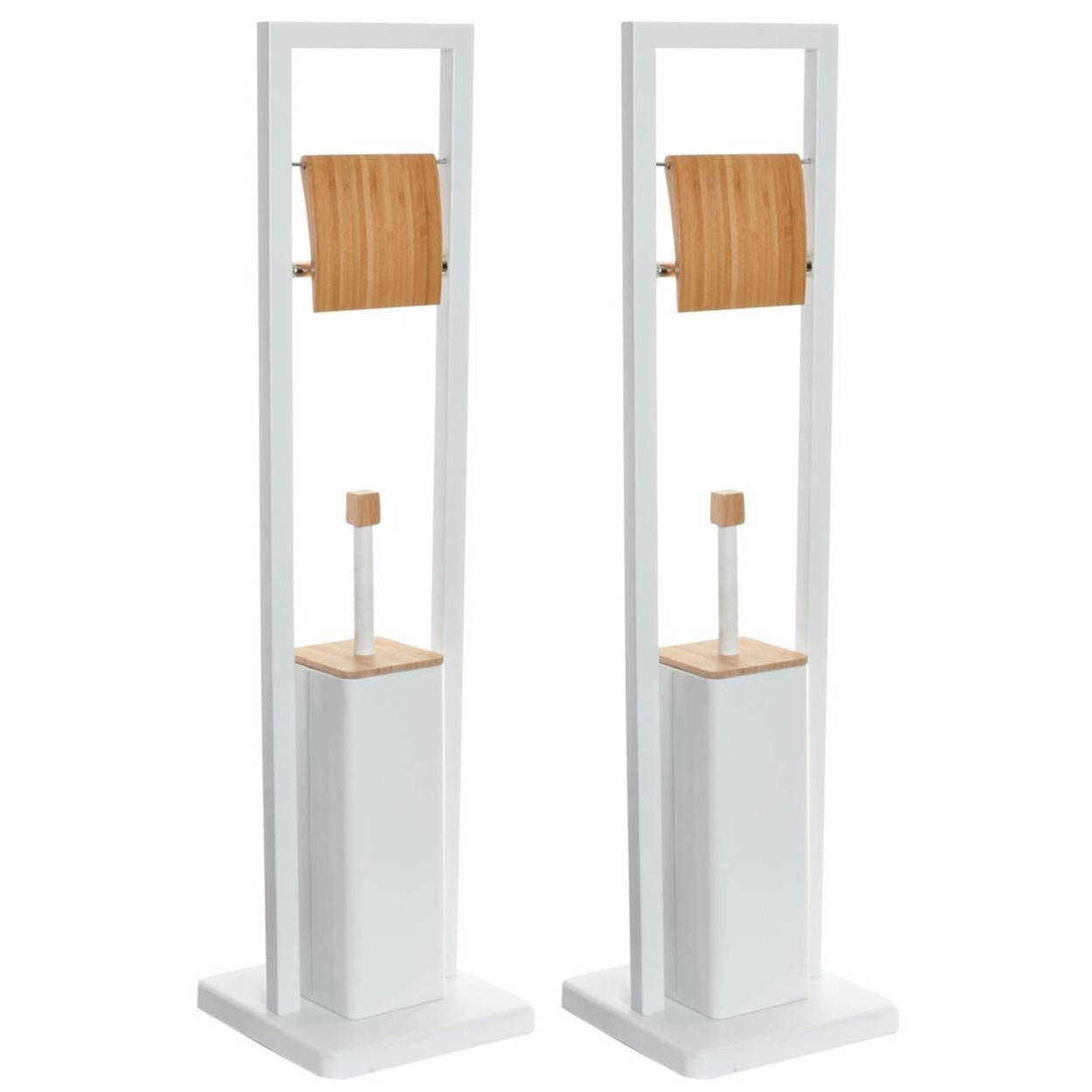 2x stuks toiletborstels met toiletrolhouder wit metaal/bamboe 80 cm -