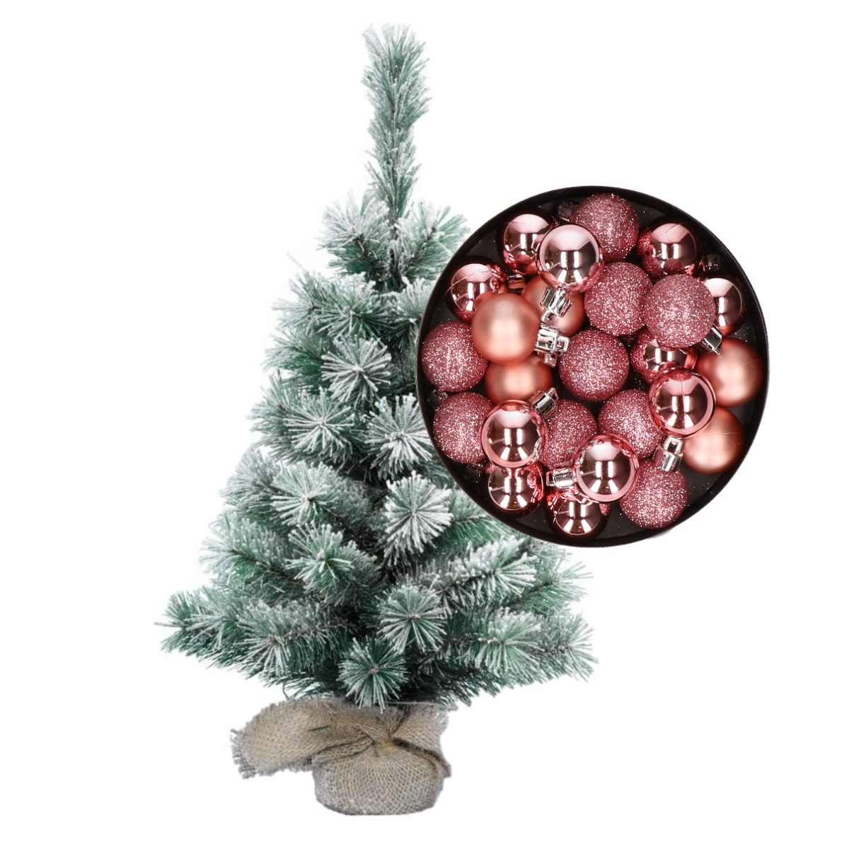 Besneeuwde mini kerstboom/kunst kerstboom 35 cm met kerstballen roze -