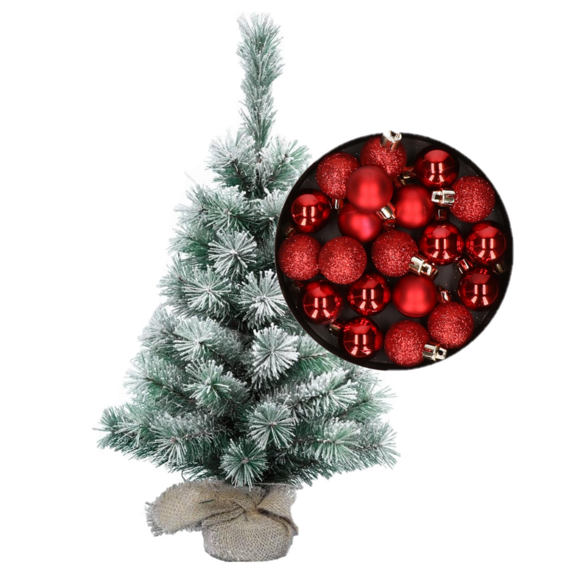 Besneeuwde mini kerstboom/kunst kerstboom 35 cm met kerstballen rood -