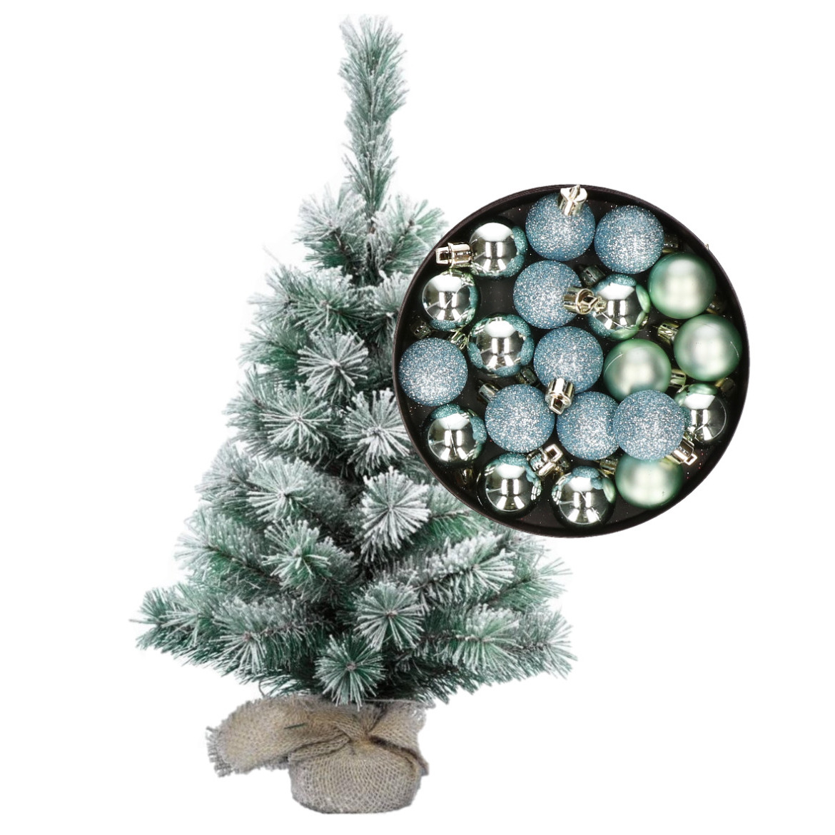 Besneeuwde mini kerstboom/kunst kerstboom 35 cm met kerstballen mintgroen -