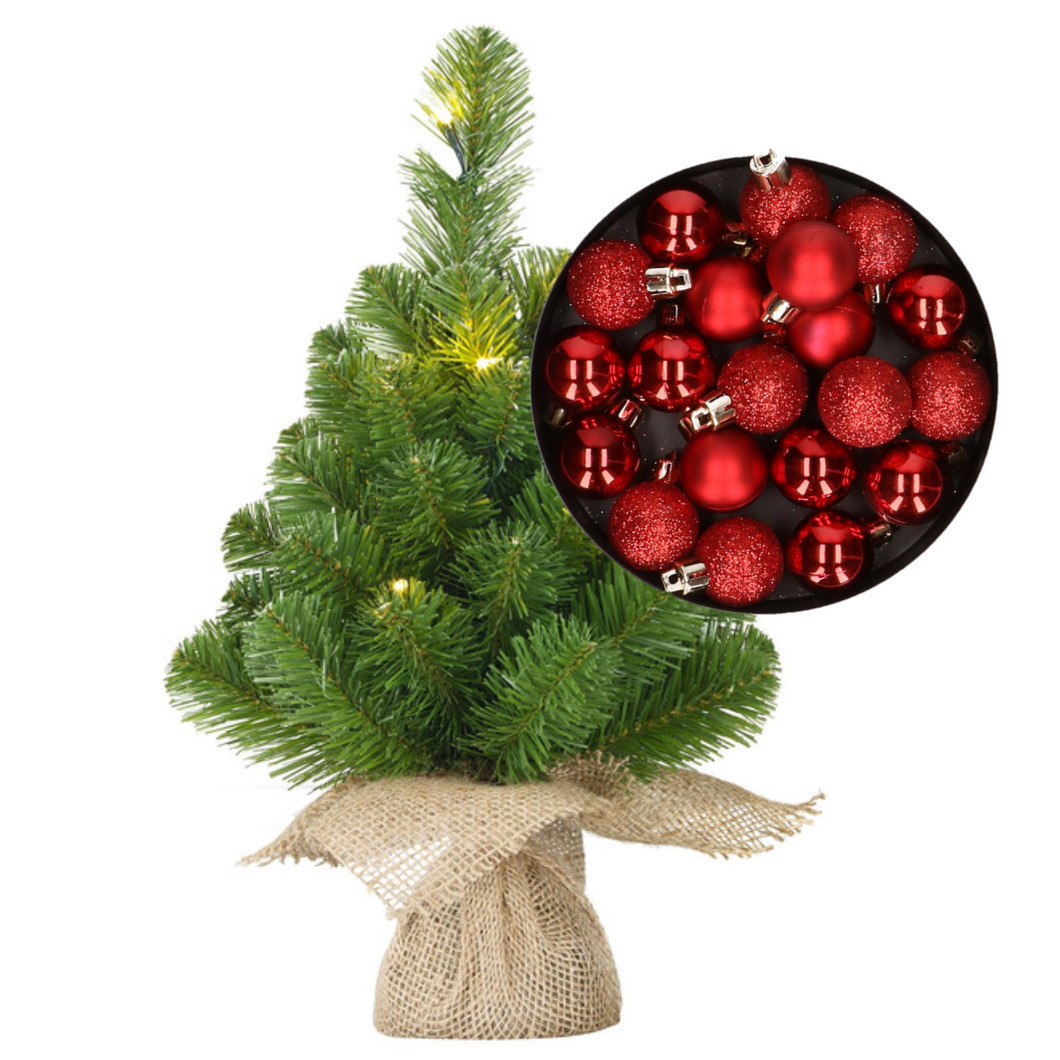 Mini kunst kerstboom - H45 cm - met verlichting en kerstballen - rood - kunstboom -