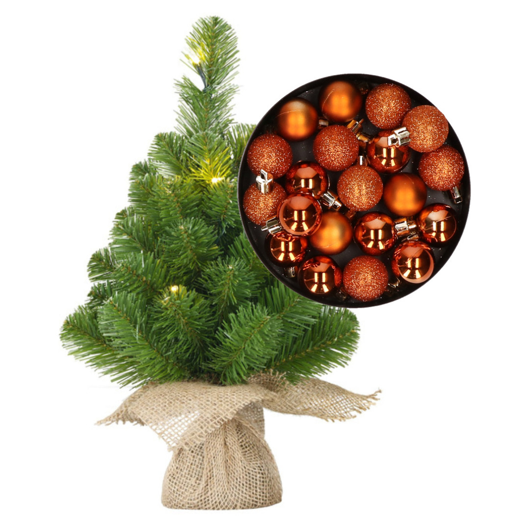 Mini kunst kerstboom - H45 cm - met verlichting en kerstballen - oranje - kunstboom -