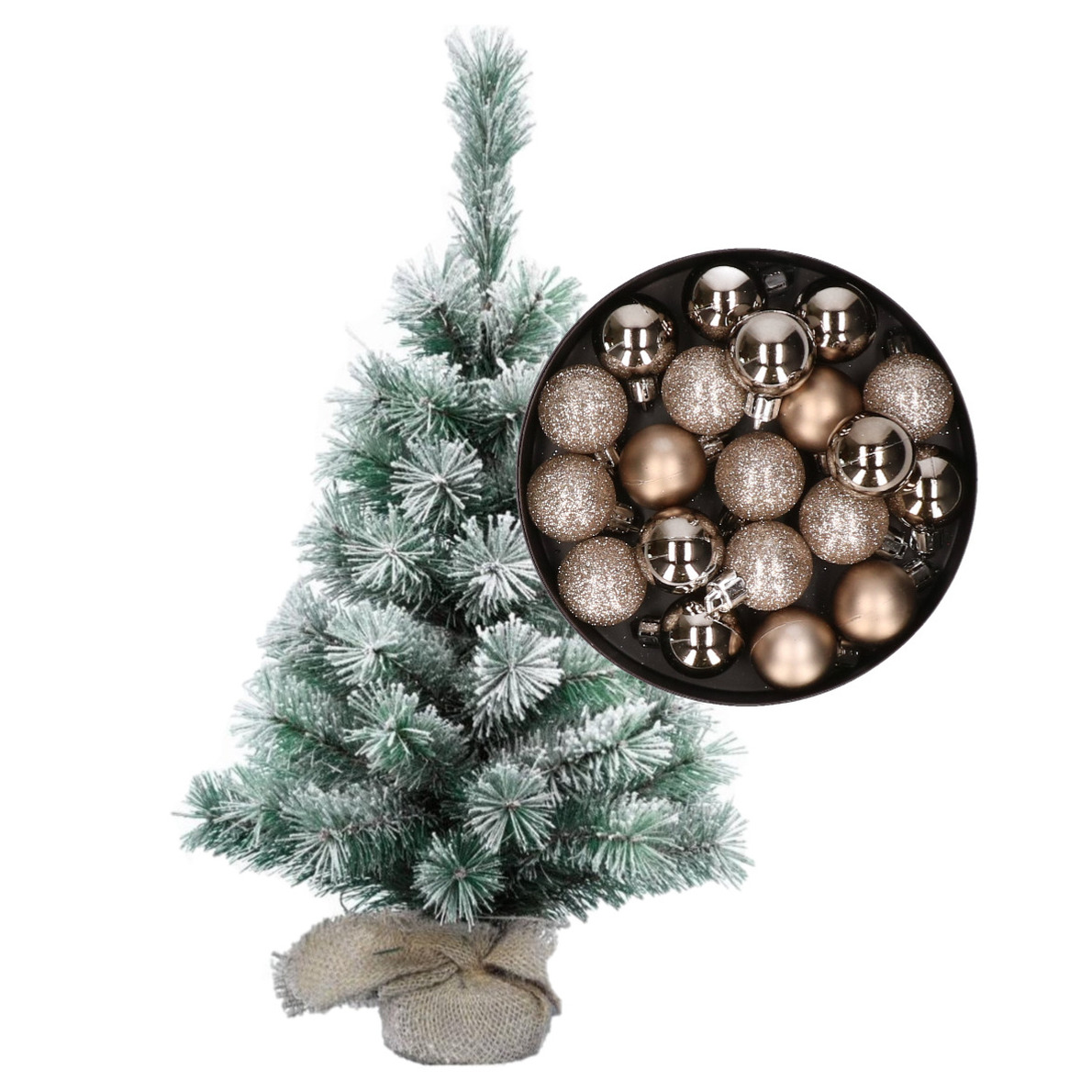 Besneeuwde mini kerstboom/kunst kerstboom 35 cm met kerstballen champagne -