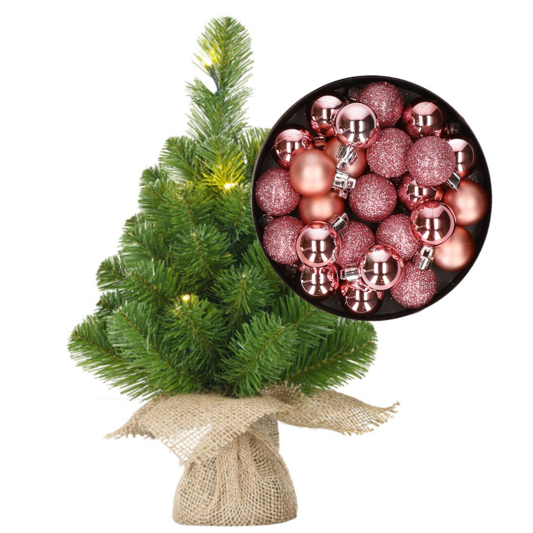 Mini kunst kerstboom - H45 cm - met verlichting en kerstballen - roze - kunstboom -