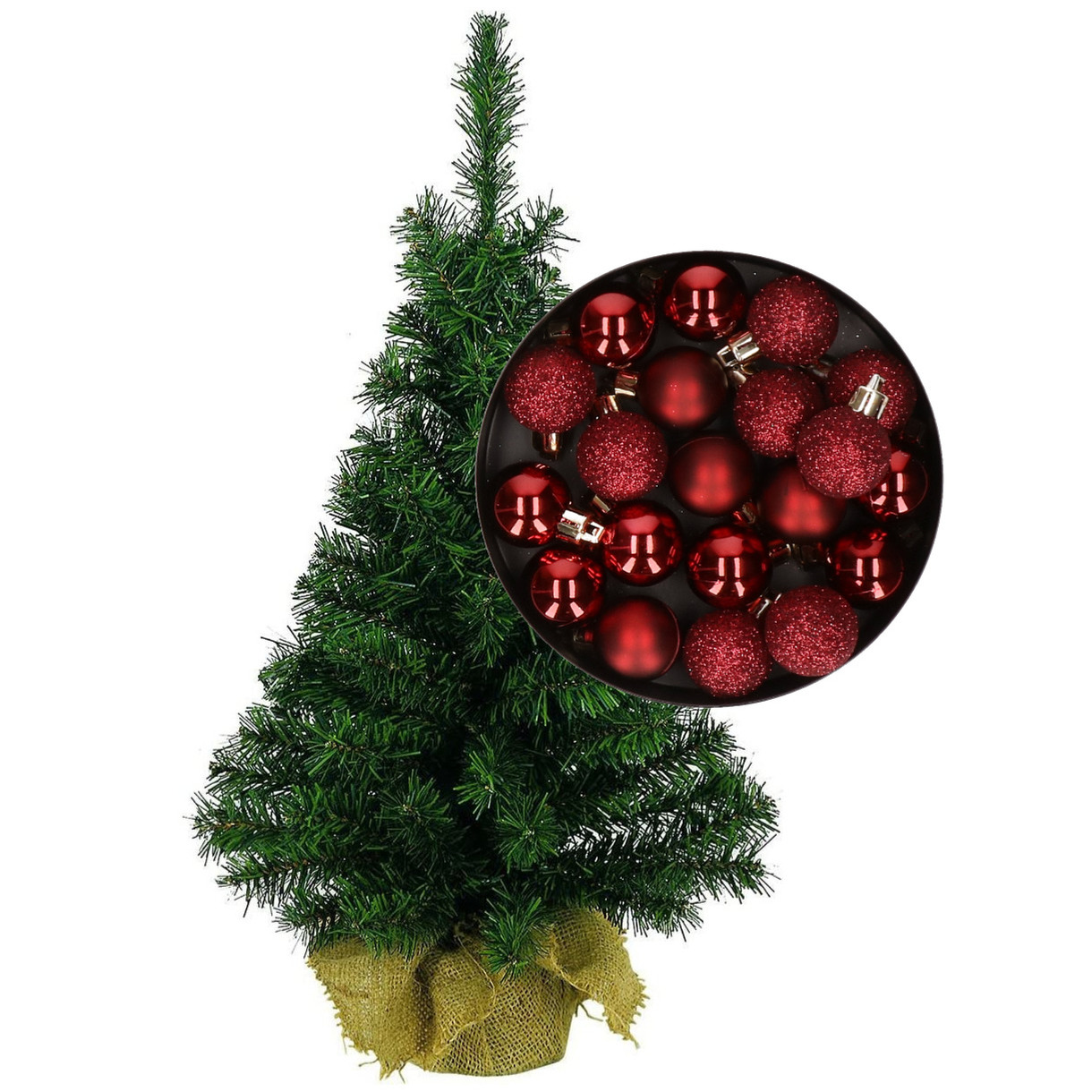 Mini kerstboom/kunst kerstboom H35 cm inclusief kerstballen donkerrood -