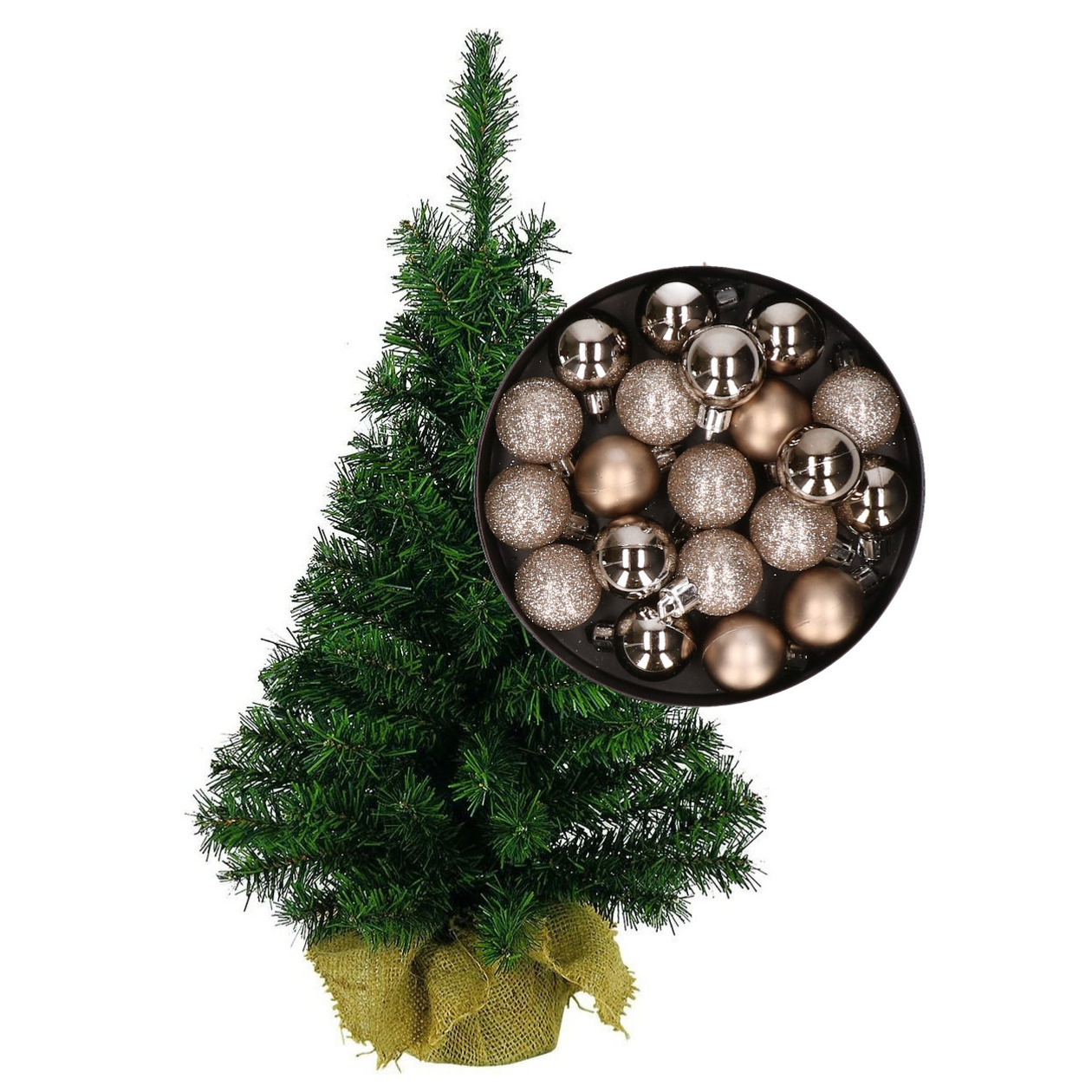 Mini kerstboom/kunst kerstboom H35 cm inclusief kerstballen champagne -