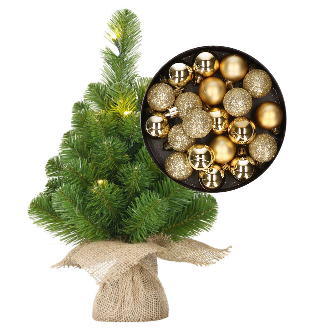 Mini kunst kerstboom - H45 cm - met verlichting en kerstballen - goud - kunstboom -