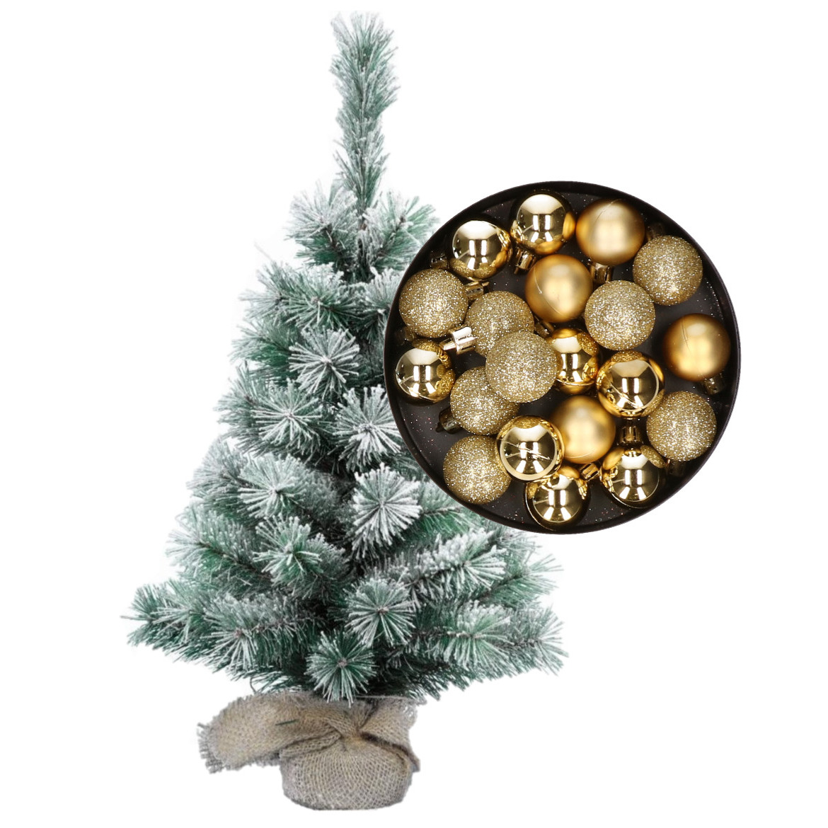 Besneeuwde mini kerstboom/kunst kerstboom 35 cm met kerstballen goud -
