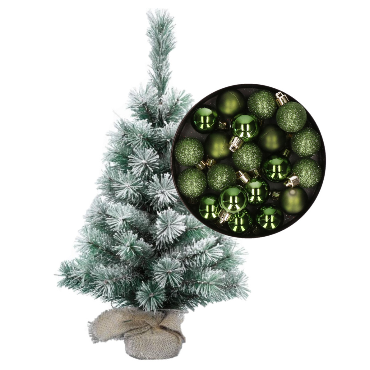 Besneeuwde mini kerstboom/kunst kerstboom 35 cm met kerstballen groen -