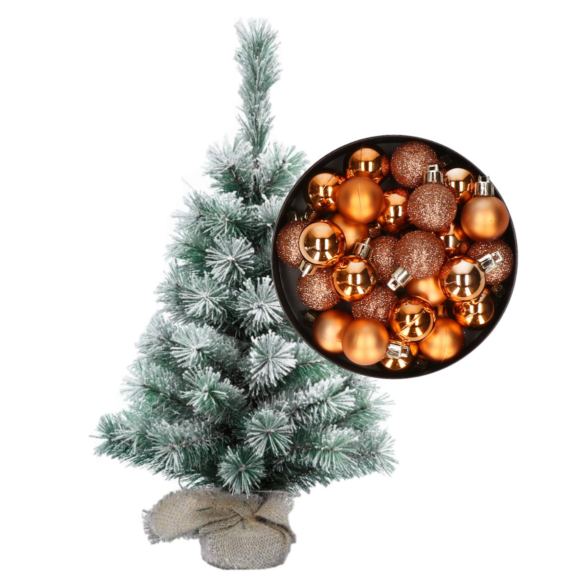 Besneeuwde mini kerstboom/kunst kerstboom 35 cm met kerstballen koper -