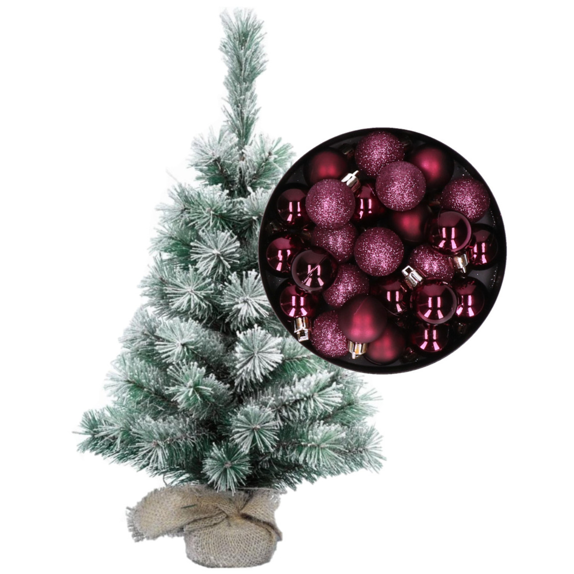 Besneeuwde mini kerstboom/kunst kerstboom 35 cm met kerstballen aubergine paars -