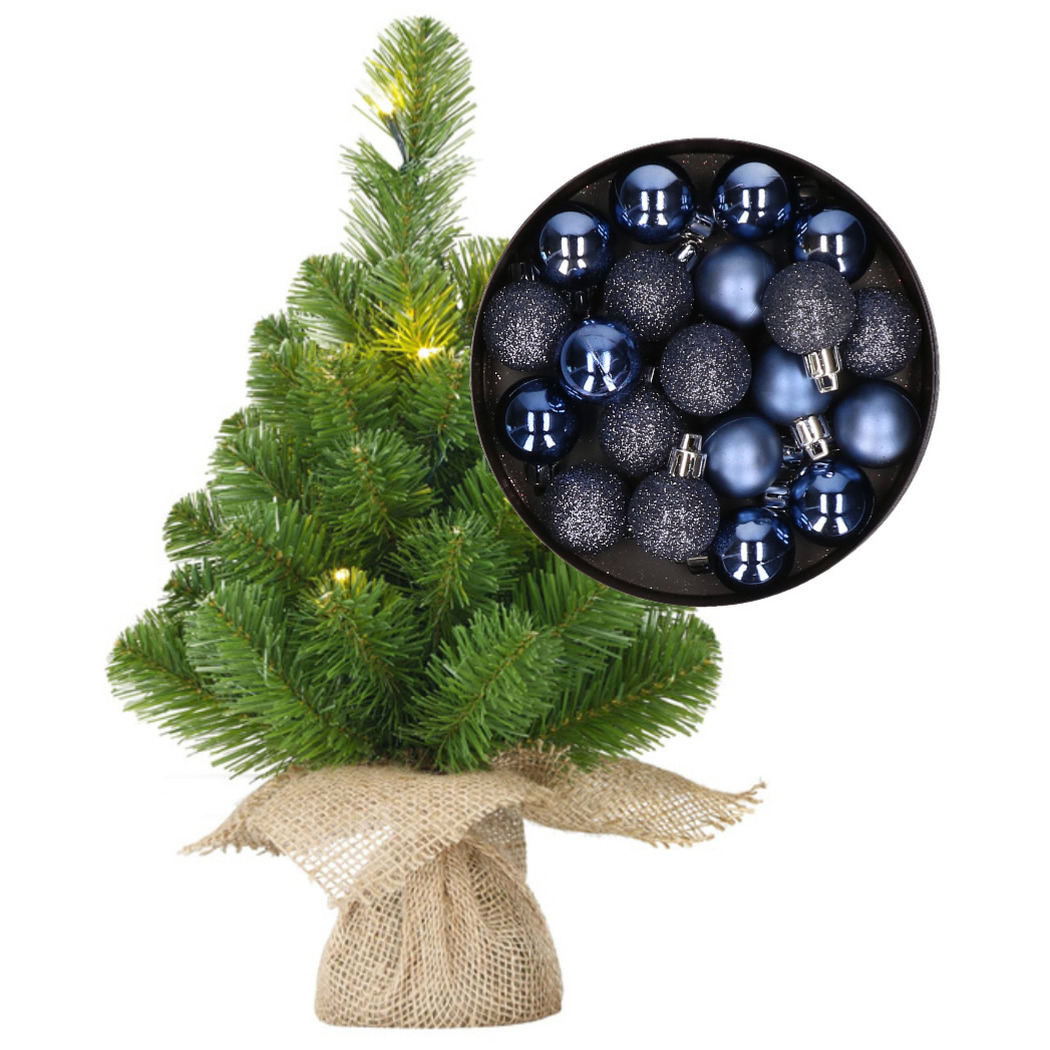 Mini kunst kerstboom - H45 cm - met verlichting en kerstballen - donkerblauw - kunstboom -