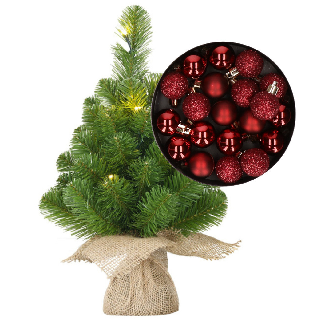 Mini kunst kerstboom - H45 cm - met verlichting en kerstballen - donkerrood - kunstboom -