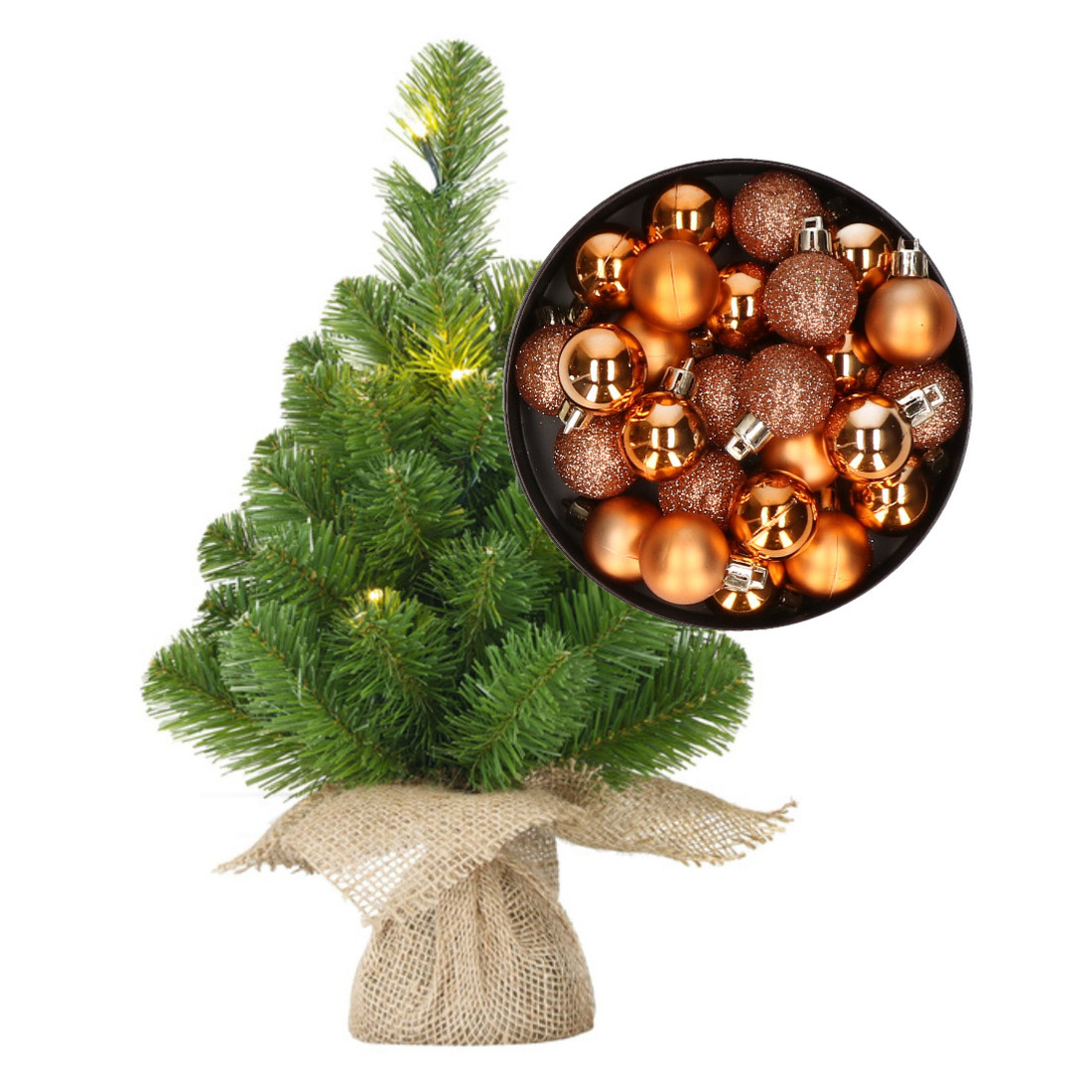 Mini kunst kerstboom - H45 cm - met verlichting en kerstballen - koper - kunstboom -