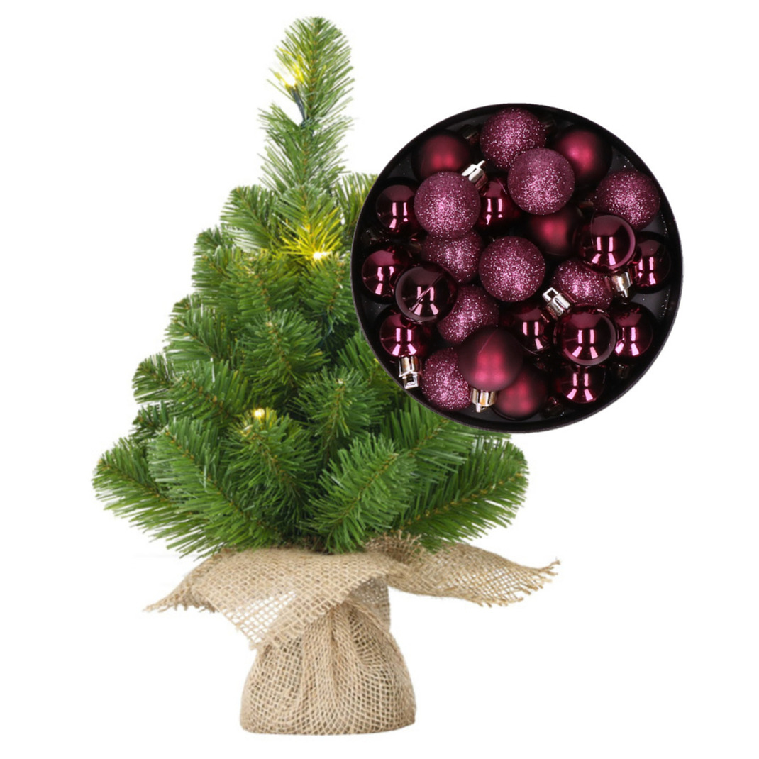 Mini kunst kerstboom - H45 cm - met verlichting en kerstballen - aubergine paars - kunstboom -