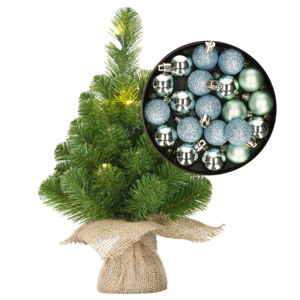 Mini kunst kerstboom - H45 cm - met verlichting en kerstballen - mintgroen - kunstboom -