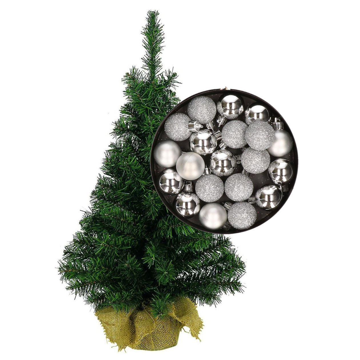 Mini kerstboom/kunst kerstboom H35 cm inclusief kerstballen zilver -