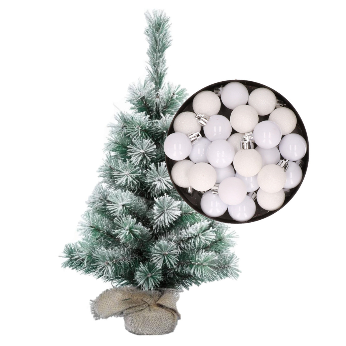 Besneeuwde mini kerstboom/kunst kerstboom 35 cm met kerstballen wit -