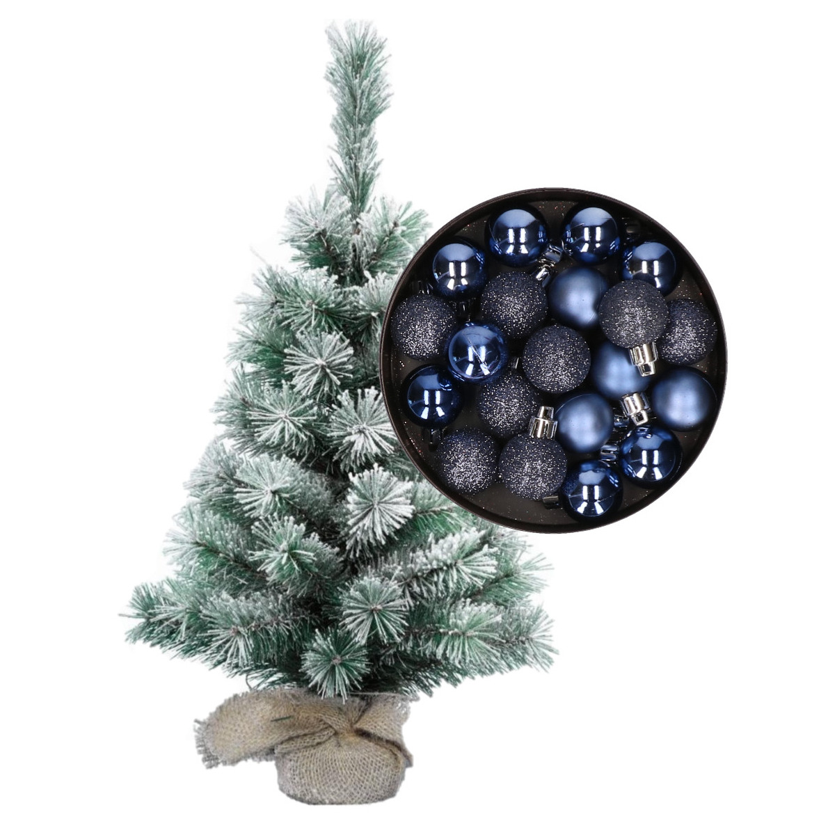 Besneeuwde mini kerstboom/kunst kerstboom 35 cm met kerstballen donkerblauw -
