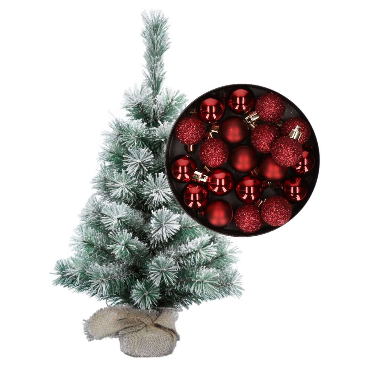Besneeuwde mini kerstboom/kunst kerstboom 35 cm met kerstballen donkerrood -