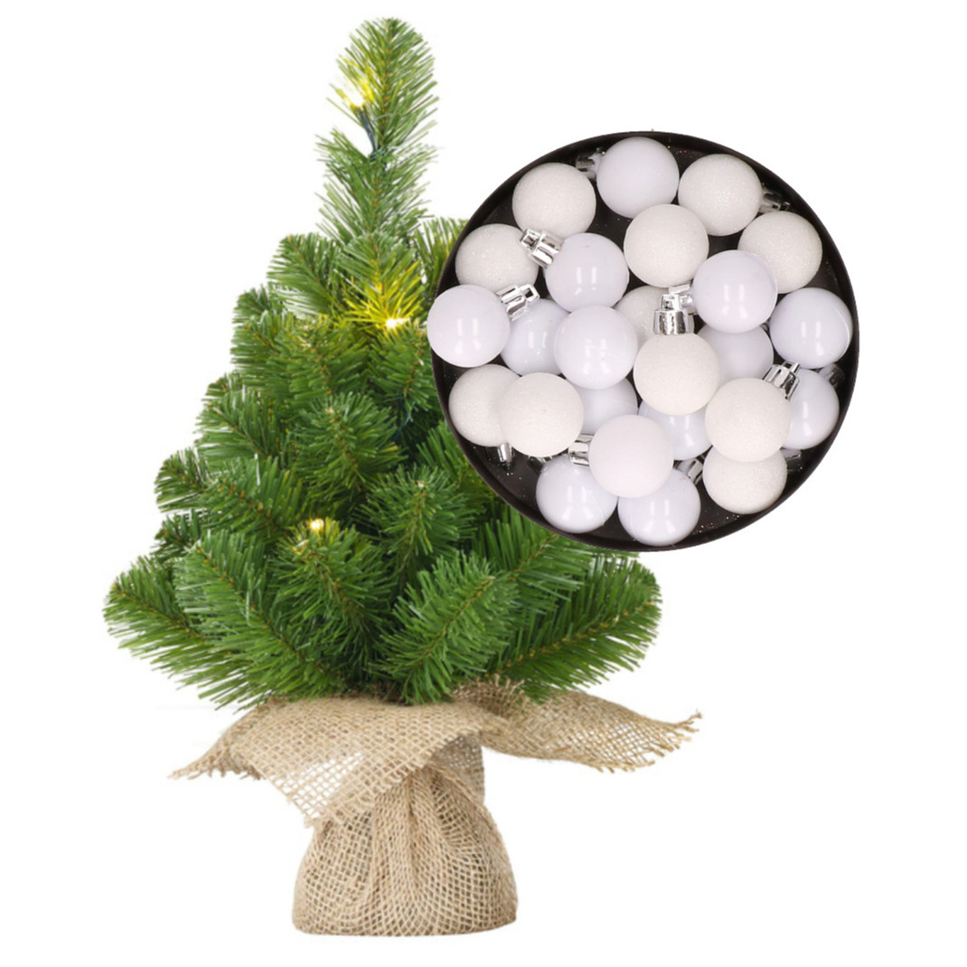 Mini kunst kerstboom - H45 cm - met verlichting en kerstballen - wit - kunstboom -