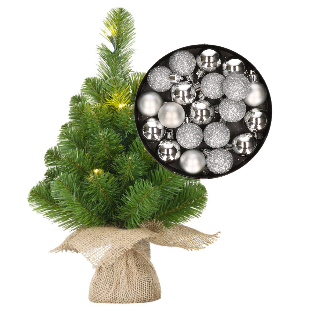 Mini kunst kerstboom - H45 cm - met verlichting en kerstballen - zilver - kunstboom -