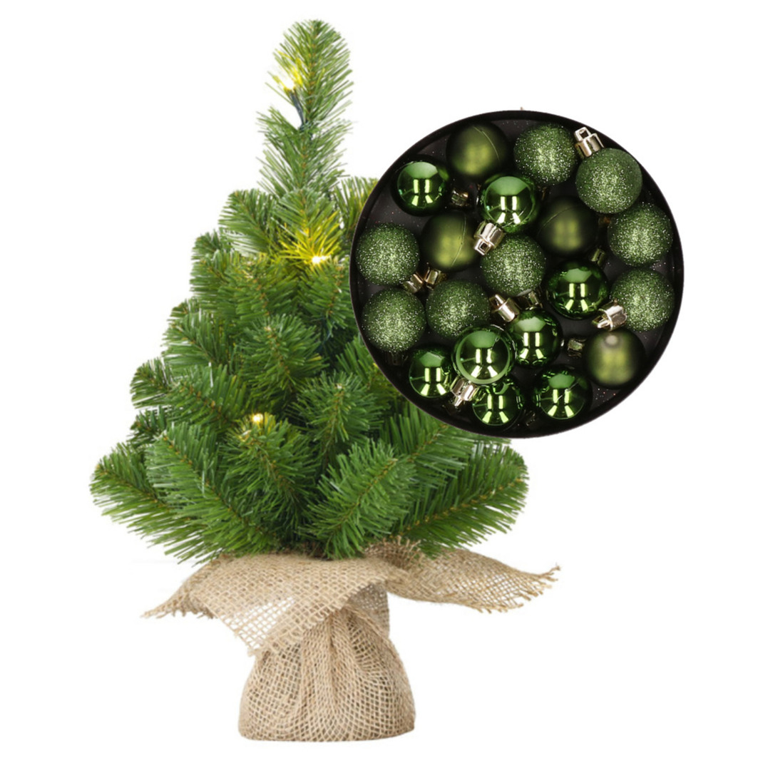Mini kunst kerstboom - H45 cm - met verlichting en kerstballen - groen - kunstboom -