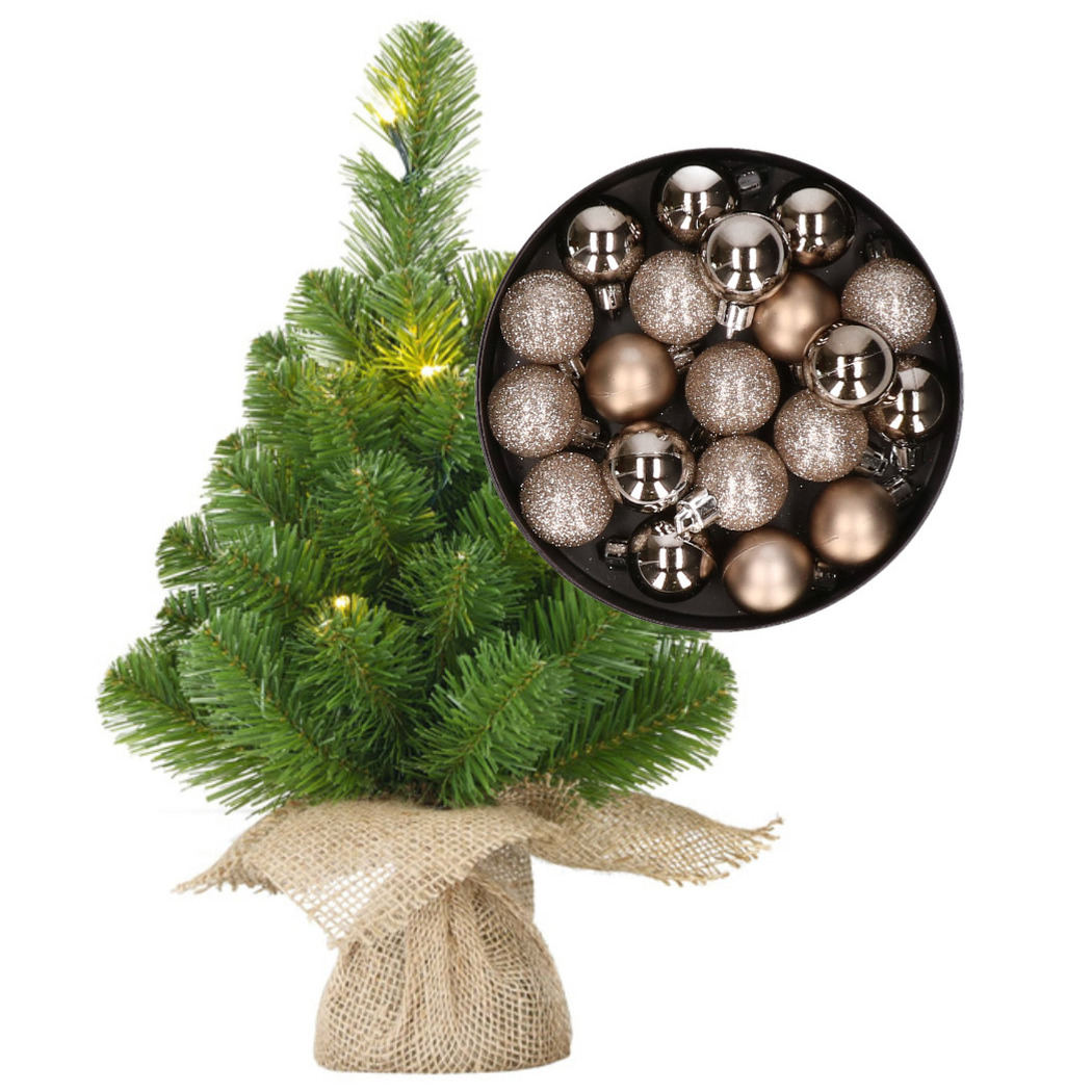 Mini kunst kerstboom - H45 cm - met verlichting en kerstballen - champagne - kunstboom -