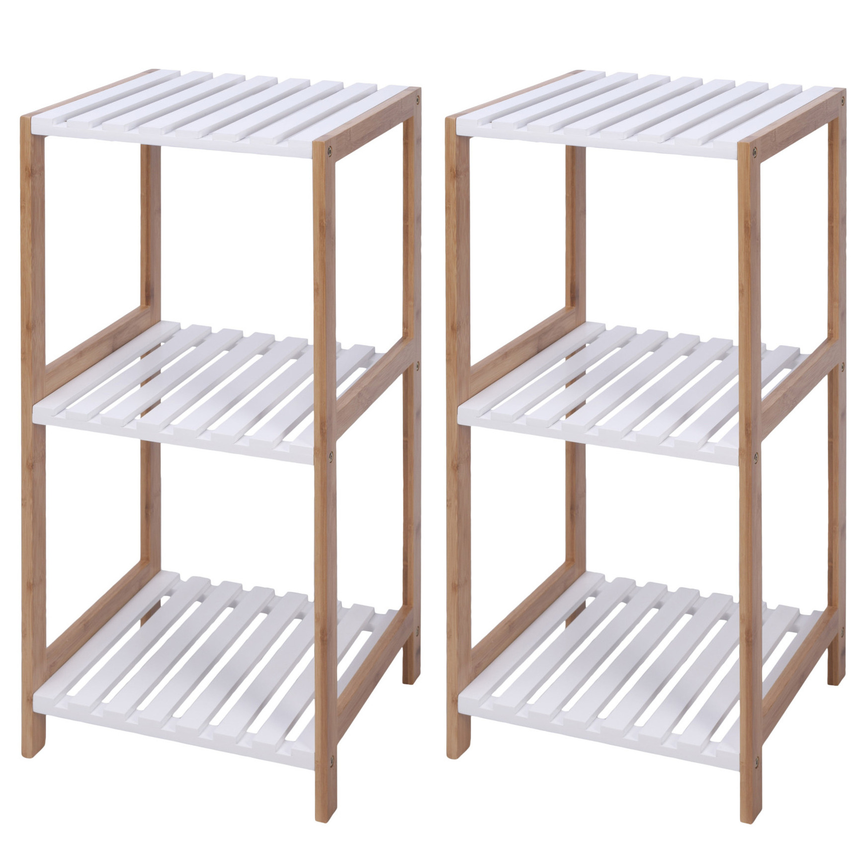 2x stuks bamboe houten bijzet kastjes/badkamer rekjes wit/bruin met 3 planken 33 x 34 x 79 cm -