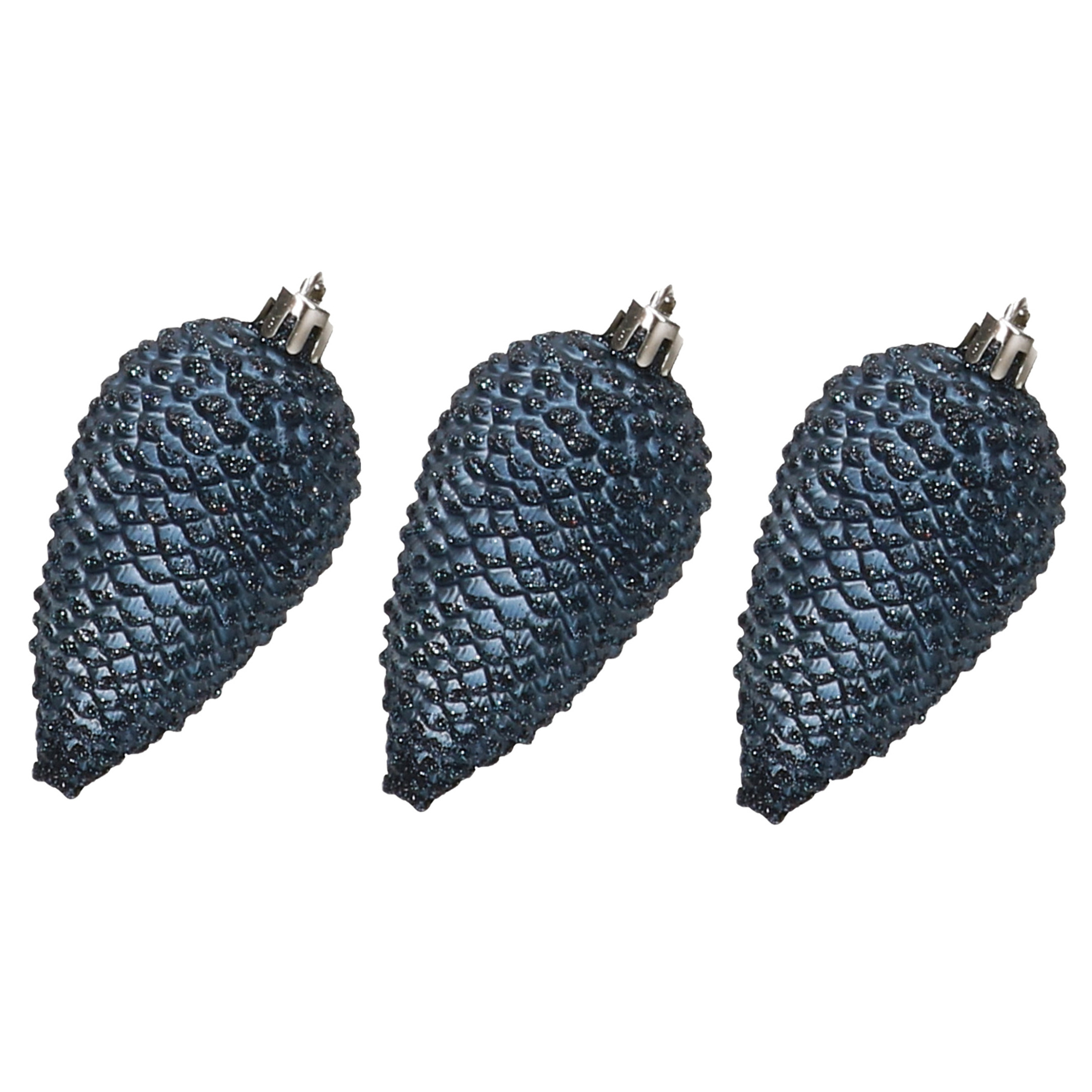 6x stuks kunststof dennenappels kerstballen 8 cm donkerblauw glitter -