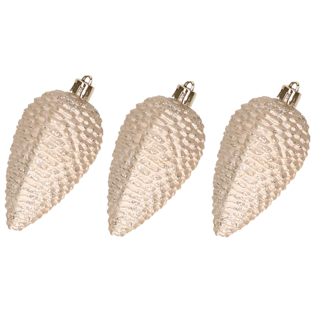 6x stuks kunststof dennenappels kerstballen 8 cm licht parel/champagne glitter -