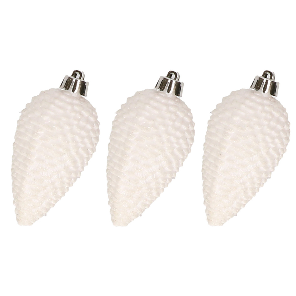 6x stuks kunststof dennenappels kerstballen 8 cm wit glitter -