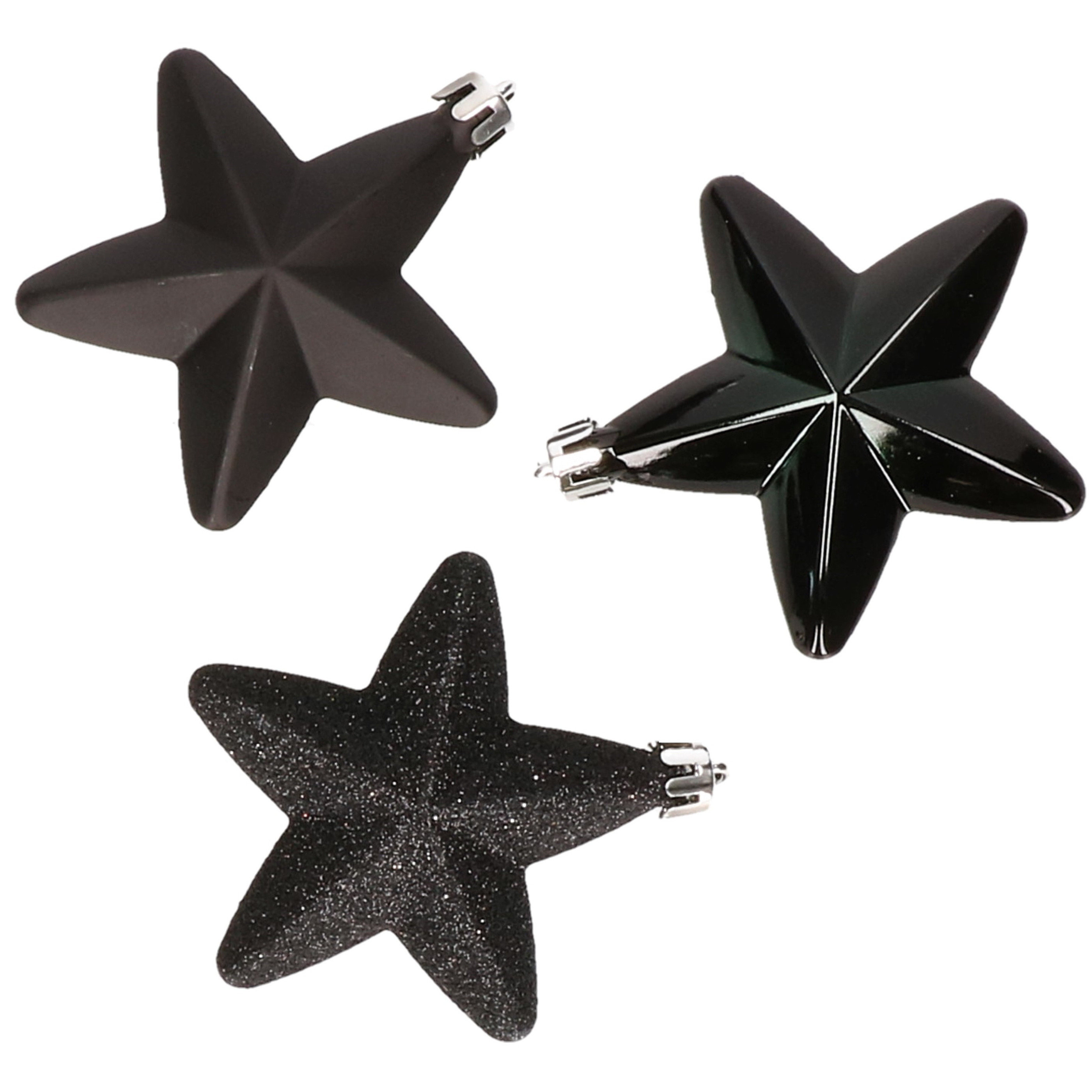 6x stuks kunststof sterren kerstballen 7 cm zwart glans/mat/glitter -
