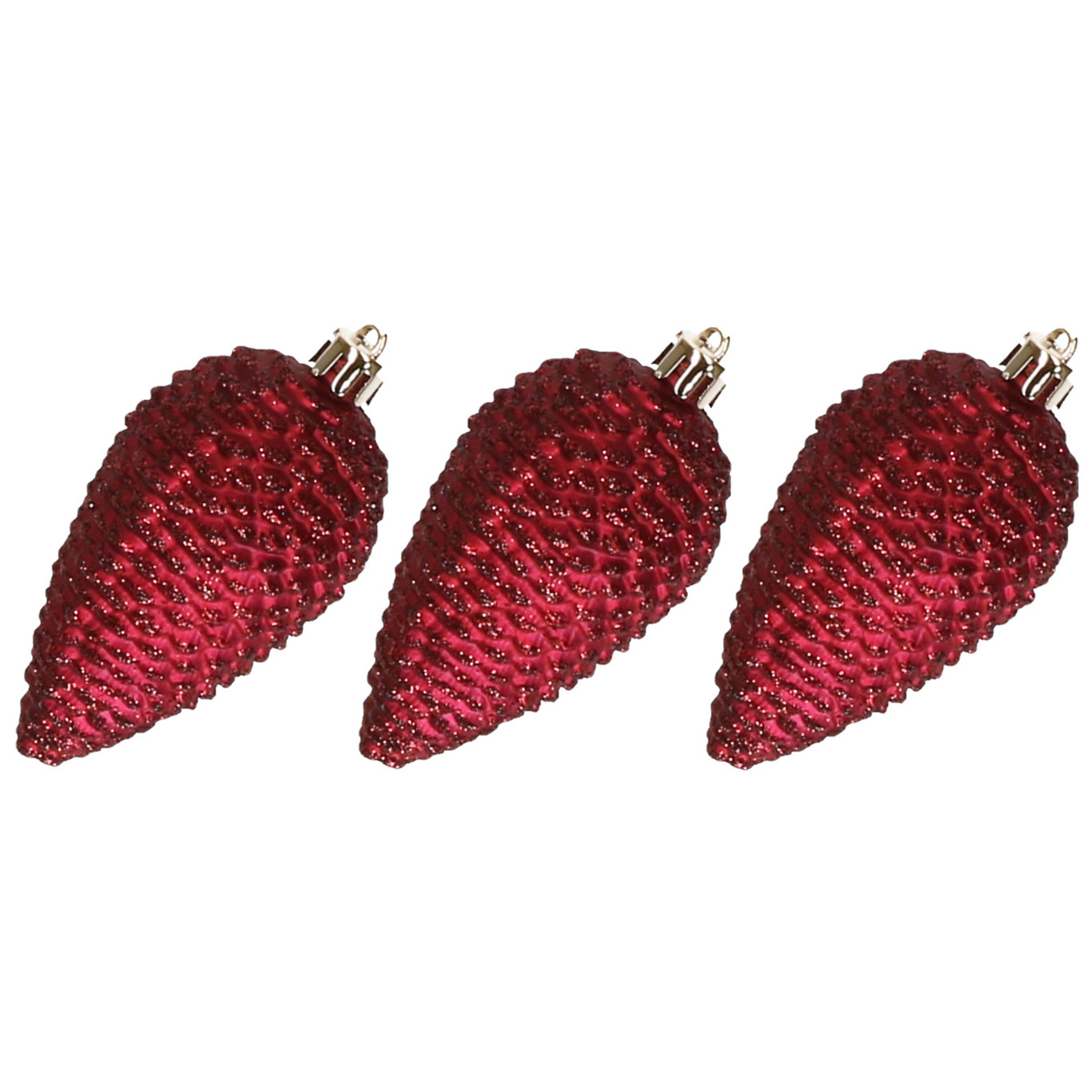 6x stuks kunststof dennenappels kerstballen 8 cm donkerrood glitter -