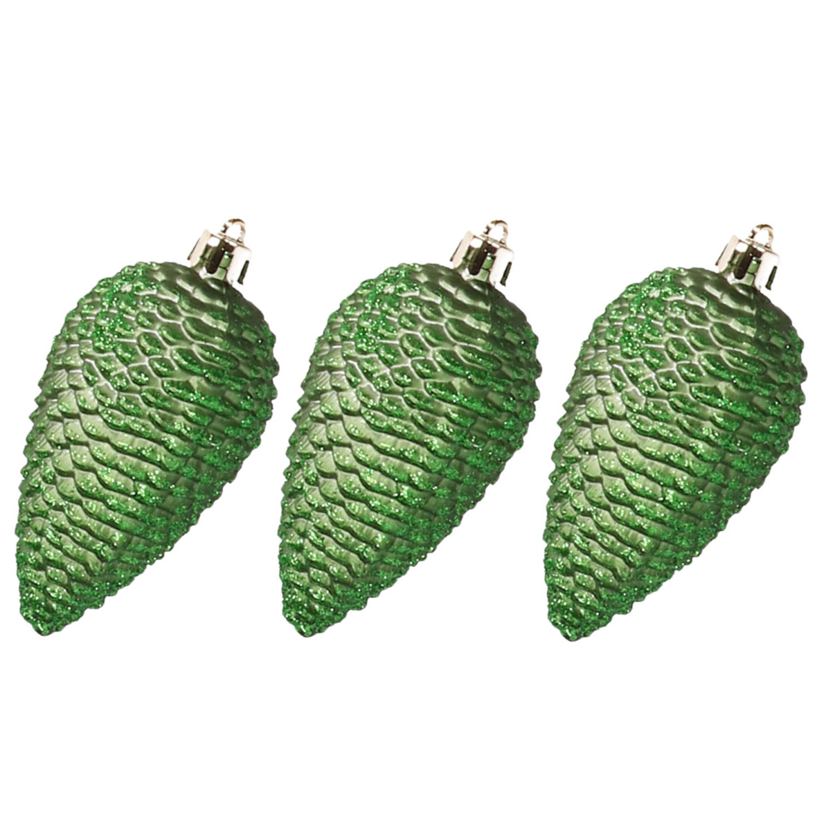 6x stuks kunststof dennenappels kerstballen 8 cm donkergroen glitter -