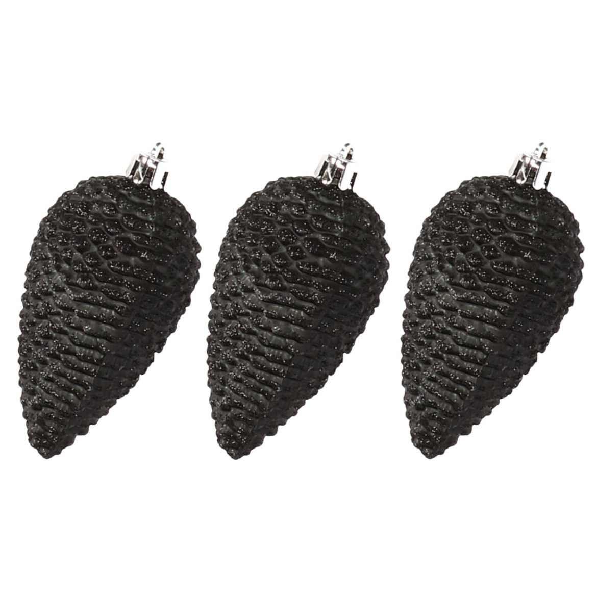 6x stuks kunststof dennenappels kerstballen 8 cm zwart glitter -