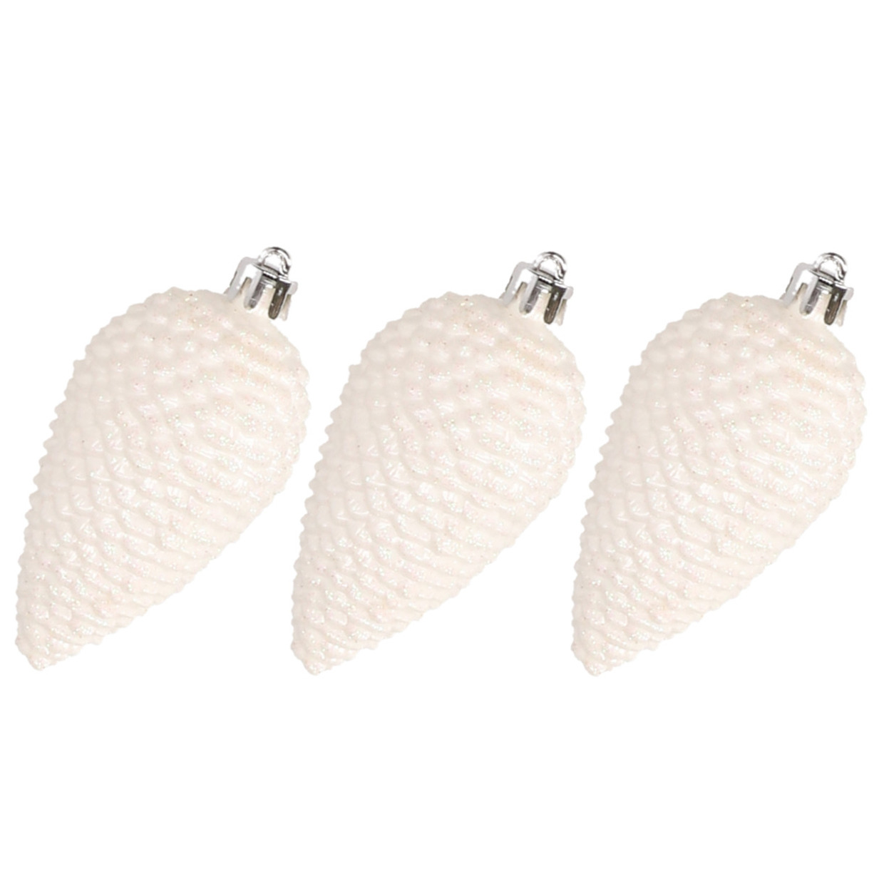 6x stuks kunststof dennenappels kerstballen 8 cm parelmoer wit glitter -
