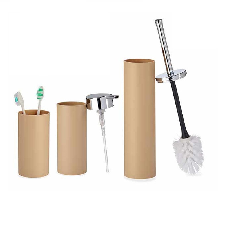 Badkamer set Toiletborstel/zeeppompje/beker beige kunststof -