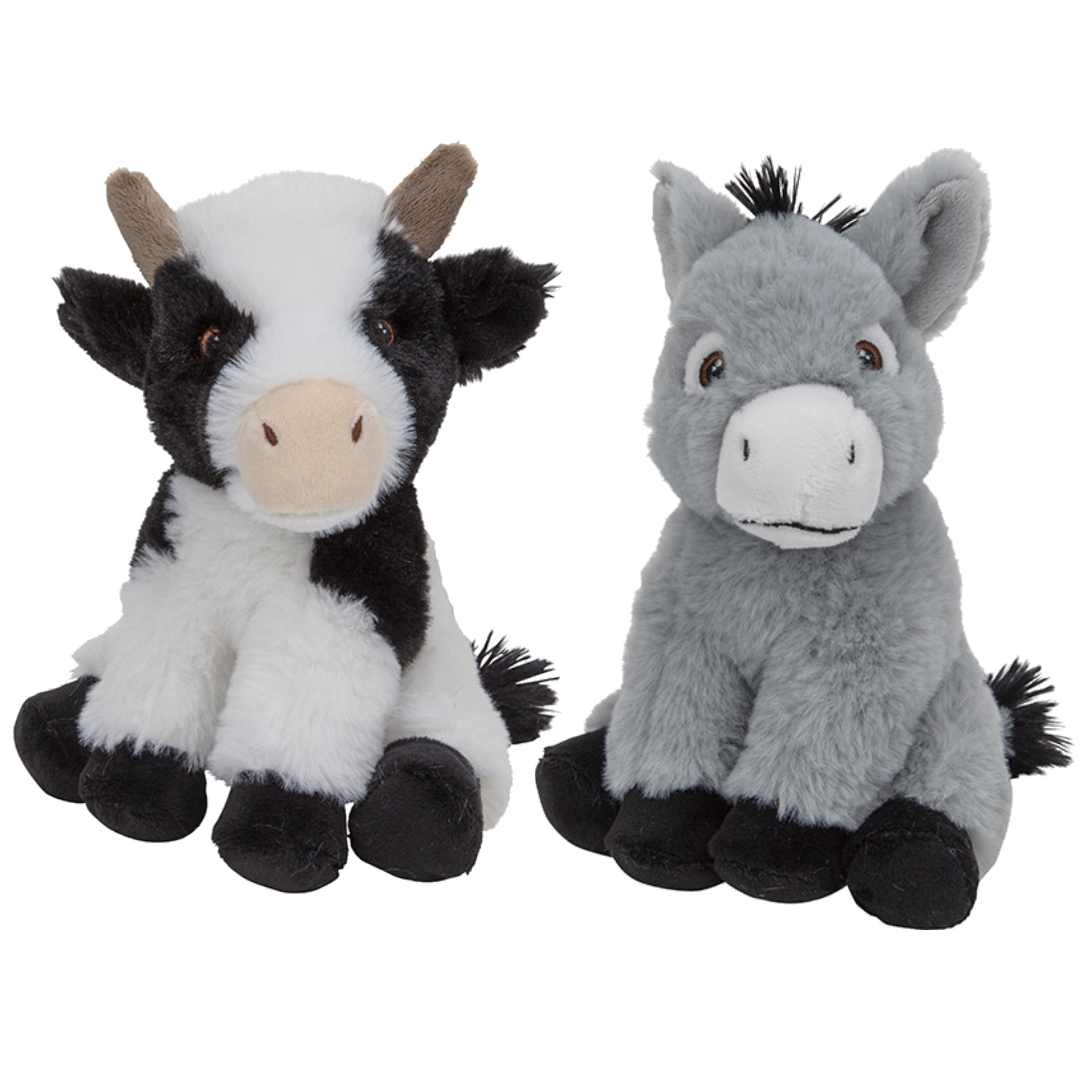 Pluche boerderijdieren knuffels Koe en Ezel setje van 19 en 16 cm -