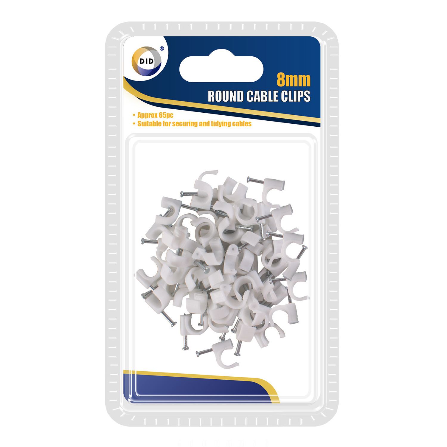 Kabelclips/kabelklemmen - 65x - wit - met spijker - 8 mm -