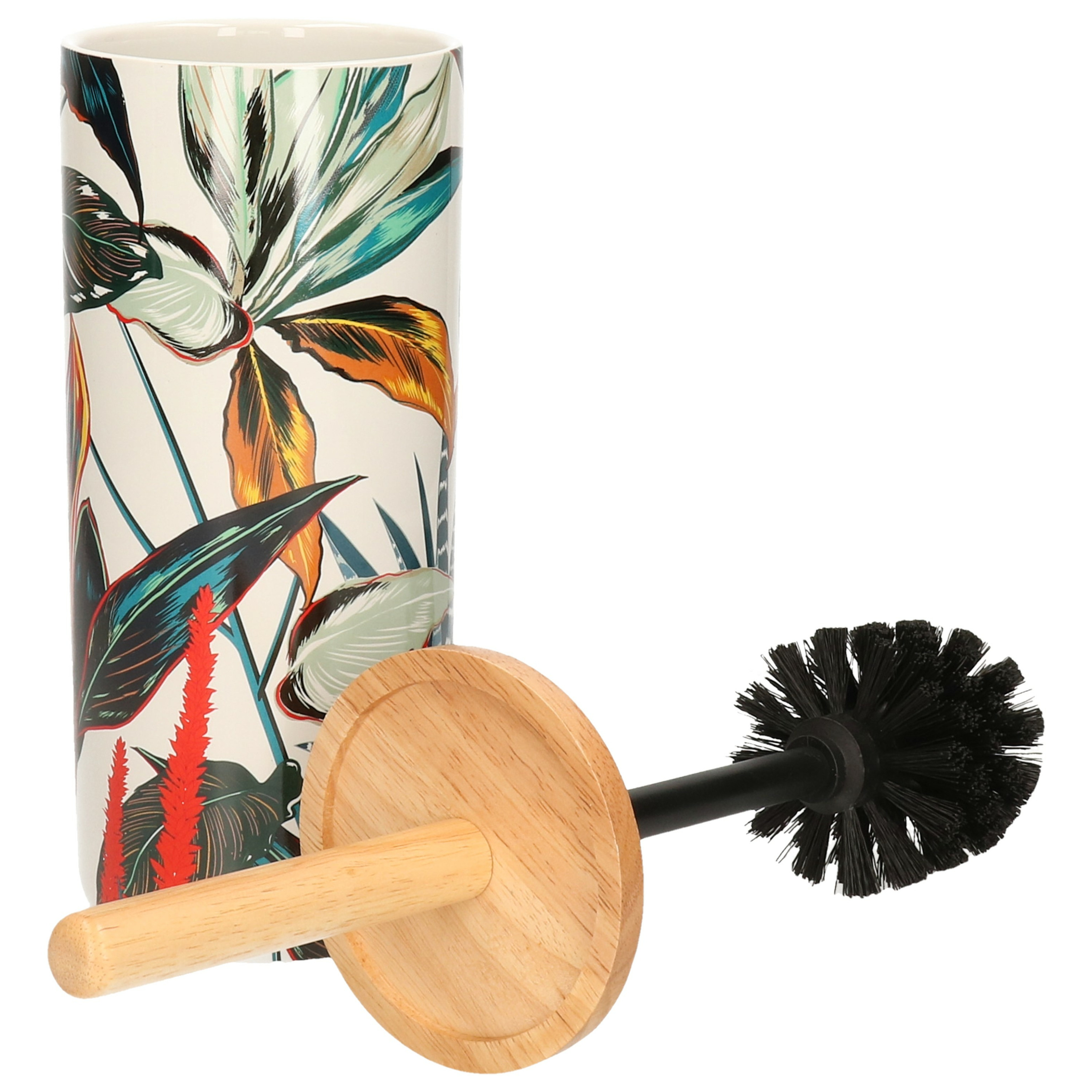 WC-/toiletborstel met houder rond wit met gekleurd tropisch blad patroon zandsteen/bamboe 38 cm -