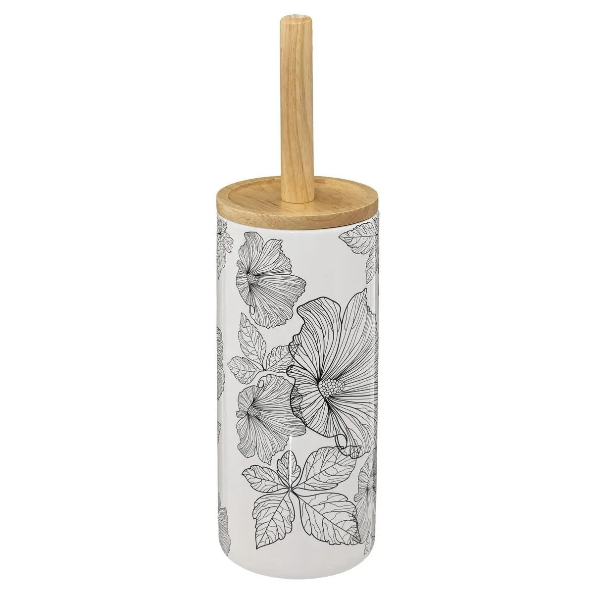 WC-/toiletborstel met houder rond wit/zwart met hibiscus bloemen patroon zandsteen/bamboe 38 cm -