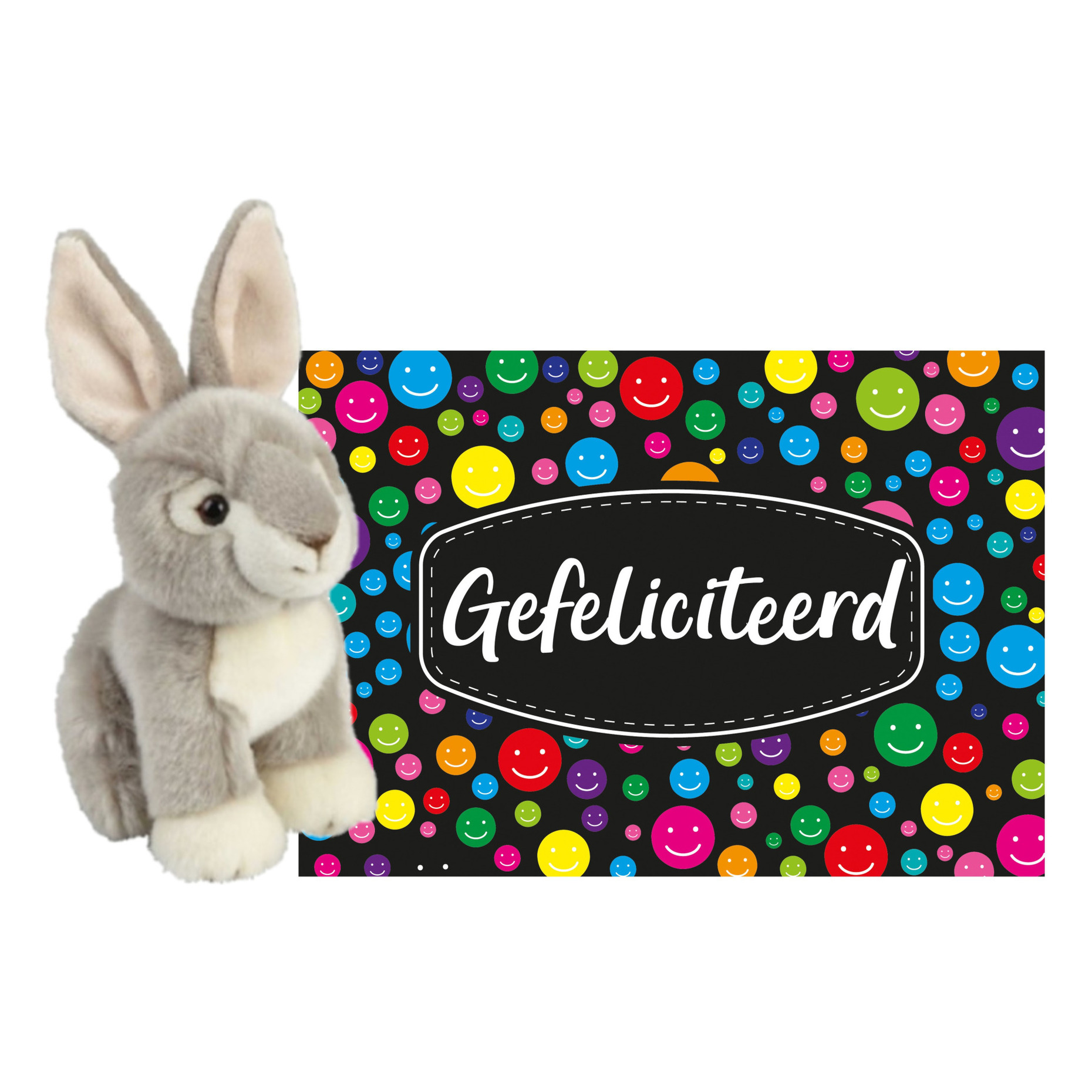 Pluche knuffel cadeau Konijn 18 cm met A5-size Gefeliciteerd wenskaart -