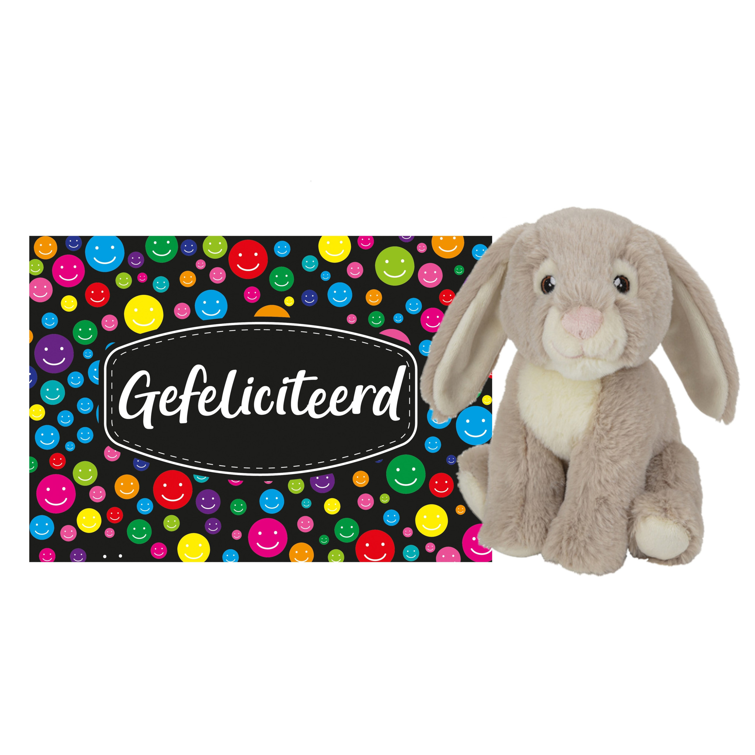 Pluche knuffel cadeau Konijn 19 cm met A5-size Gefeliciteerd wenskaart -